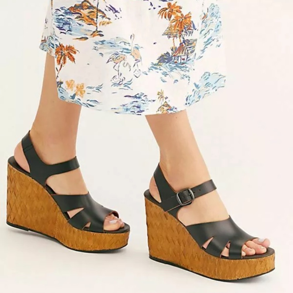 Free People “Sunflower” Black Leather Wedge Sandal
